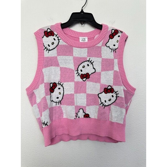 Hello Kitty Sanrio Knit Vest Checkered Begonia White Pink Women Size XXL 2X NEW - Picture 1 of 7